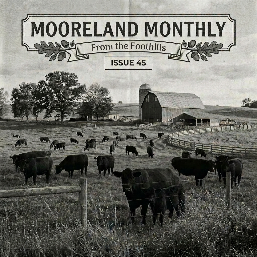 Cattle grazing in a fenced pasture with red barn and farmhouse in background